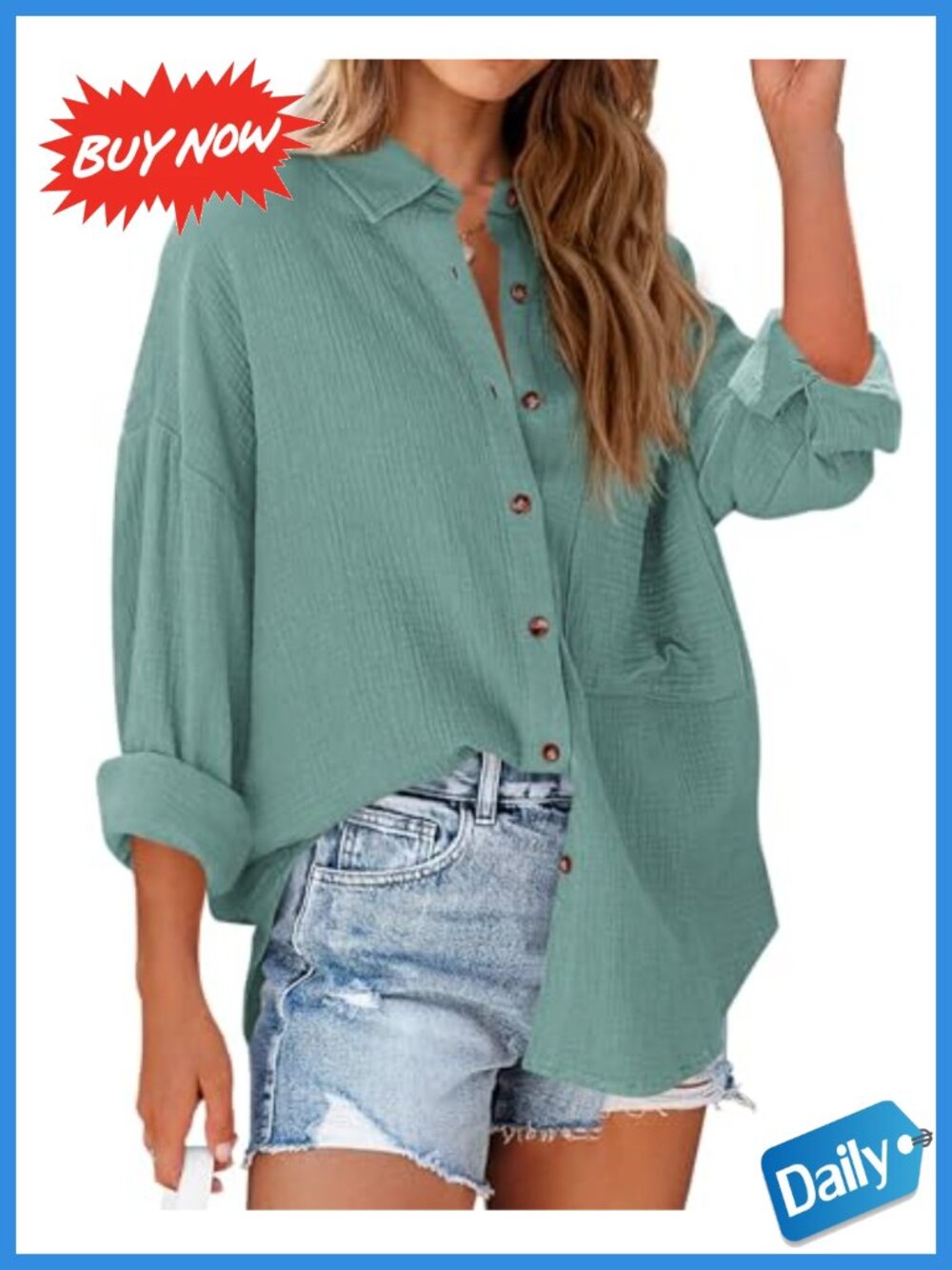 NOLLSOM Women's Cotton Long Sleeve Button Down Blouse V-Neck Roll-Up Sleeves
